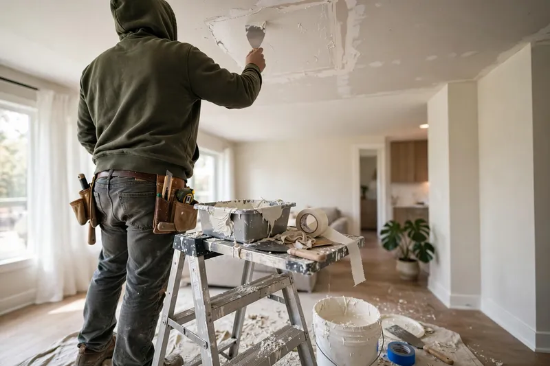 Worker on a ladder repairing a drywall ceiling patch