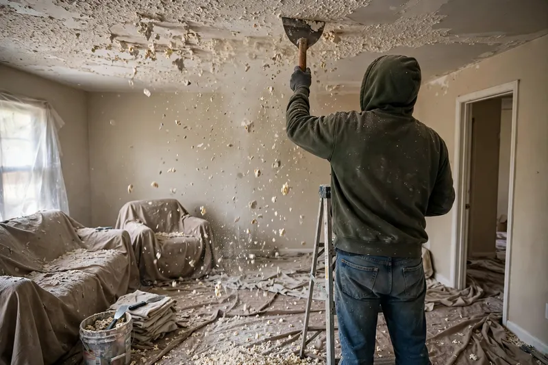 Worker scraping popcorn texture off a ceiling
